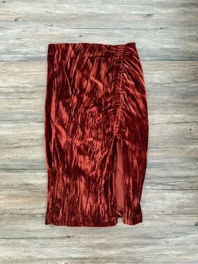 Vintage Zara Red/Burnt Orange Velvet Midi Skirt Ruched Detail Slit Size S